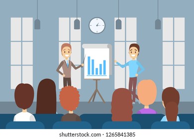 Man making business presentation in front of group of people. Presenting business plan on seminar. Flat vector illustration