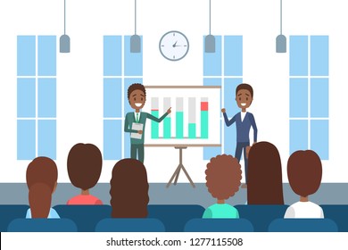 Man making business presentation in front of group of people. Team presenting business plan on seminar. Flat vector illustration