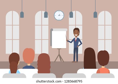 Man making business presentation in front of group of people. Presenting business plan on seminar. Flat vector illustration