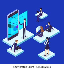 Man making business presentation in front of group of people. Presenting business plan on seminar. Isolated vector isometric illustration