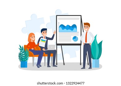 Man making business presentation in front of group of people. Presenting business plan on seminar. Training and education. Flat vector illustration