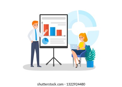 Man making business presentation in front of group of people. Presenting business plan on seminar. Training and education. Flat vector illustration