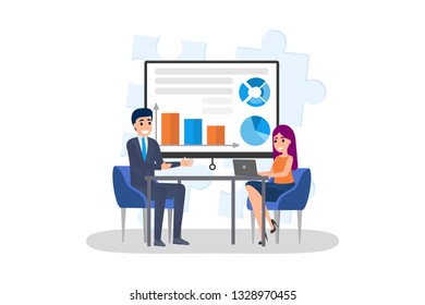 Man making business presentation in front of woman. Presenting business plan on seminar. Training and education. Flat vector illustration