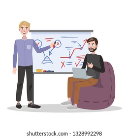 Man making business presentation in front of guy. Presenting business plan on seminar. Training and education. Vector illustration in cartoon style
