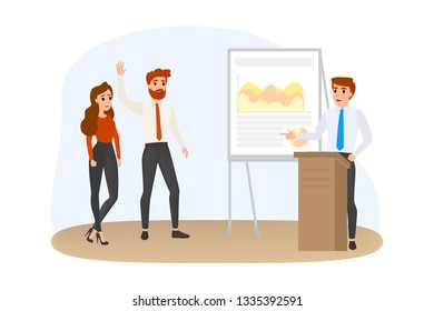 Man making business presentation in front of group of people. Presenting business plan on seminar. Training and education. Isolated vector illustration in cartoon style.