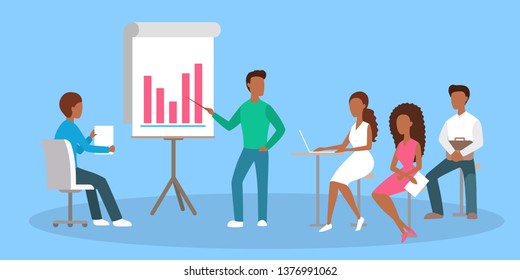 Man making business presentation in front of group of people. Team presenting business plan on seminar. Flat vector illustration