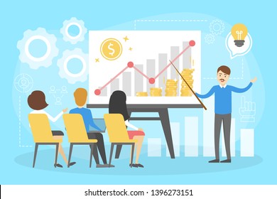 Man making business presentation in front of group of people. Presenting business plan on seminar. Pointing at the graph. Flat vector illustration