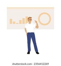 Un hombre haciendo presentación de negocios de un proyecto con gráficos en una pantalla blanca.