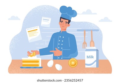 Man making cake concept. Cook in hat with eggs at kitchen. Cooking instructions and guide. Young guy prepare tasty products. Hmemade bakery and candy. Cartoon flat vector illustration