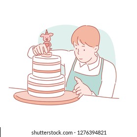 A man is making a cake. hand drawn style vector design illustrations.