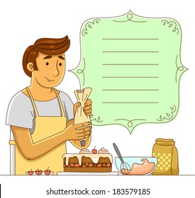 man making a cake next to a decorated banner