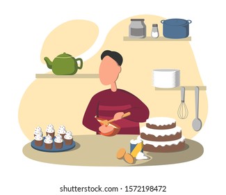 Man making cake and pastries, young man in sweather preparing healthy meal in kitchen. Interior of room with shelves and and dishes.