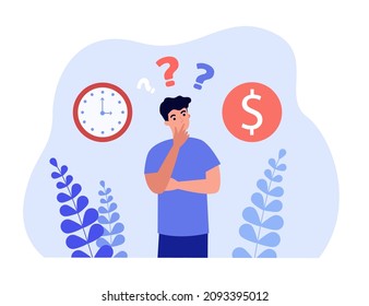 Man making choice between money and time. Person thinking about question of good investment flat vector illustration. Financial cost, payment concept for banner, website design or landing web page