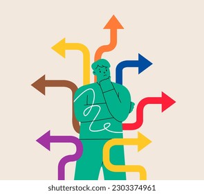 Man making choices, decisions.  Opportunities concept. Colorful vector illustration