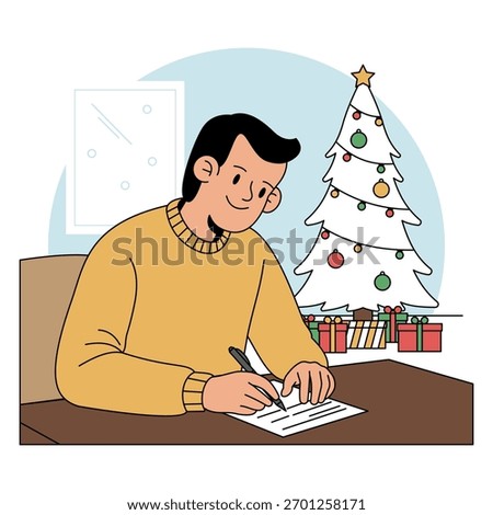 Man making a Christmas shopping list illustration.