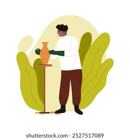 Man making clay pot, craftsman sculpting ceramic vase in diy craft workshop vector illustration