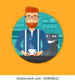 Man making coffee with a coffee-machine. Man with hot cup of coffee in hands. Man standing in the kitchen beside a coffee machine. Vector flat design illustration in the circle isolated on background.