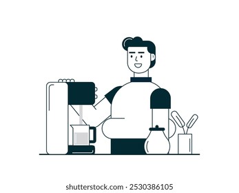 Homem fazendo café em casa usando máquina, desfrutando de manhã. Design de caracteres. Ilustração em plano vetorial