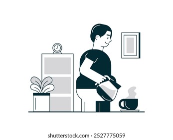 Hombre haciendo café por la mañana en casa, construyendo espíritu para trabajar. Carácter de diseño. Ilustración plana de Vector