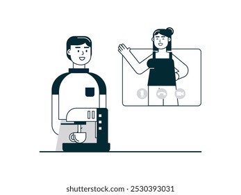 Video Hombre haciendo café mientras llama con su amiga en casa, comunicación en línea. Diseño de personajes. Ilustración vectorial plana