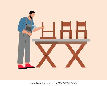 a man is making a craft, he will make a chair from wood, the tools he uses are wood, hammer and nails.
design, illustration, vector