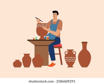 a man is making crafts from clay, he makes several shapes and sizes and also gives motifs to each of them.
design, illustration, vector