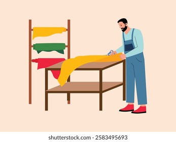 Man is making crafts, he is making crafts from colorful fabrics, he is cutting the fabric that he will make into clothes or others, the tools he uses such as scissors, colored fabrics, and sewing.