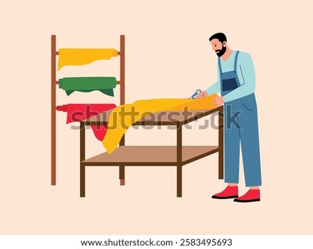 Man is making crafts, he is making crafts from colorful fabrics, he is cutting the fabric that he will make into clothes or others, the tools he uses such as scissors, colored fabrics, and sewing.