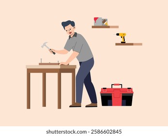 A man is making crafts, he is nailing wood, he will make a table, the tools used are like, hammer, nails, drill, brushes and paint.
design, illustration, vector