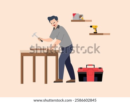 A man is making crafts, he is nailing wood, he will make a table, the tools used are like, hammer, nails, drill, brushes and paint.
design, illustration, vector