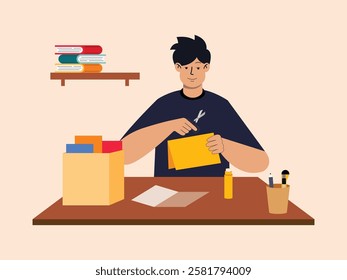 Man is making crafts, he will make a greeting card from colorful paper that is cut out and shaped, the tools used are paper, glue, pencils and scissors.
design, illustration, vector