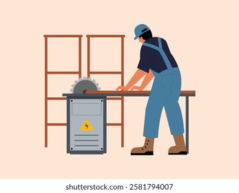 Man is making crafts, he is making crafts from wood, he is cutting wood into parts and shapes, he will make bookshelves and cabinets.
design, illustration, vector