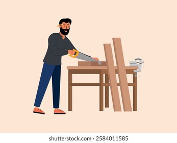 Man is making crafts from wood, he will make some items that can be formed, the tools used such as wood that has been cut, saws, hammers, nails, and rulers.
design, illustration, vector
