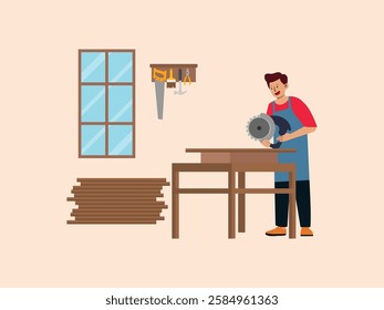 The man is making crafts from wood, he will make a table with drawers, the tools used are hammers, nails, saws, brushes and wood cutting tools.
design, illustration, vector