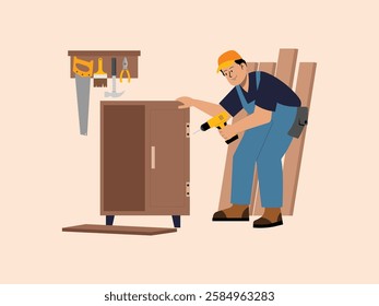 Man is making crafts from wood, he will make a small cupboard, the tools used such as hammers, nails, saws, brushes and wood cutting tools.
design, illustration, vector