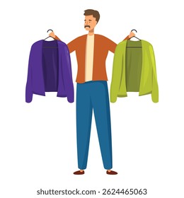 Man making a decision, comparing two different jackets on hangers, illustrating a difficult choice