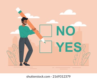 Man making decision. Guy with pencil ticks yes or no. Evaluate two options and choose one of them. Logical thinking, thoughtful character. Alternative in business. Cartoon flat vector illustration