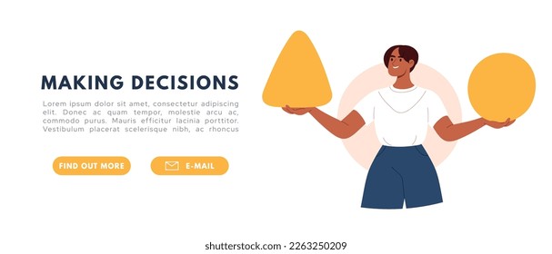 Man making decision. Person doubting,choosing between two alternatives, solving problems. Dilemma concept. Flat vector illustration
