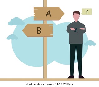 Man making decision. Man standing at road direction signs. Vector illustration