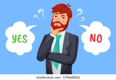 Man making decision, yes or no choice. Male person having dilemma. Guy in formal suit, office worker or businessman making up his mind, speech bubbles with pro and con vector illustration