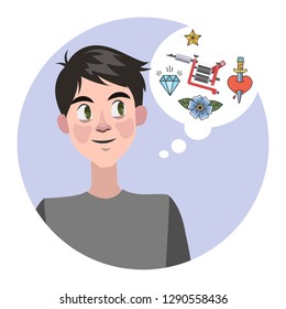 Man making difficult choice. Planning tattoo and finding creative sketch. Isolated flat vector illustration