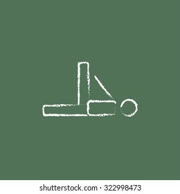 Man making exercises hand drawn in chalk on a blackboard vector white icon isolated on a green background.