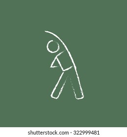 Man making exercises hand drawn in chalk on a blackboard vector white icon isolated on a green background.