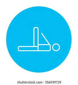 Man making exercises line icon for web, mobile and infographics. Vector white icon on the light blue circle isolated on white background.