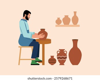 man is making handicrafts with clay, he makes a large flower vase and there is a small one.
design, vector, illustration