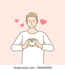Man making hart shape with hands. Love and Valentine's day concept. Hand draw style. Vector illustration.