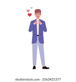 Man is making a heart shape with her hands. The theme is Valentine's Day, love and infatuation. Vector illustration in a flat style