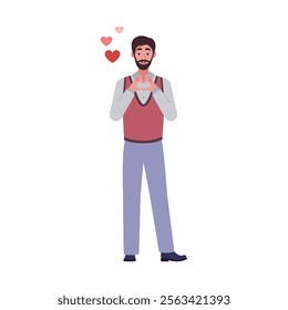 Man is making a heart shape with her hands. The theme is Valentine's Day, love and infatuation. Vector illustration in a flat style