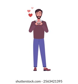 Man is making a heart shape with her hands. The theme is Valentine's Day, love and infatuation. Vector illustration in a flat style
