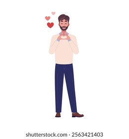 Man is making a heart shape with her hands. The theme is Valentine's Day, love and infatuation. Vector illustration in a flat style